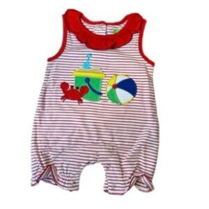 Red Striped Baby One-Piece Bodysuit with Beach Applique